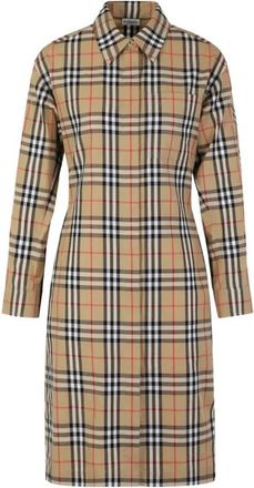 Burberry Geruite katoenen overhemdjurk - Dames - Shirt Kleedjes - Beige - 3XS - Katoen - Kleedjes