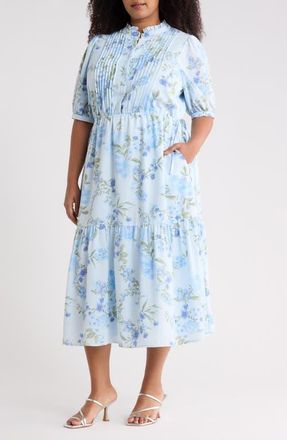Sugarlips Dusty Floss Floral Pleated Midi Dress in Light Blue Multi at Nordstrom, Size 3X