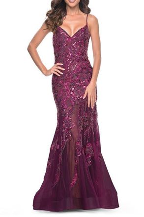 La Femme Mermaid Sequin and Beaded Embellished Prom Dress in Dark Berry at Nordstrom, Size 6