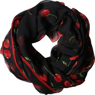 Dolce & Gabbana Black Cherry Print Silk Shawl Stole 190cm x 122cm Womens Scarf