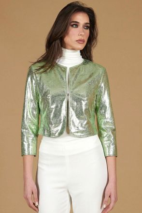 D'Arienzo Giacca corta bolero in pelle laminata verde chiaro girocollo DArienzo, Seleziona Taglia XS, Colore Verde