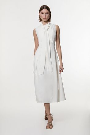 Karen Millen Womens Compact Stretch Viscose Tie Neck Tailored Full Skirted Midi Dress - White - Size 12 UK