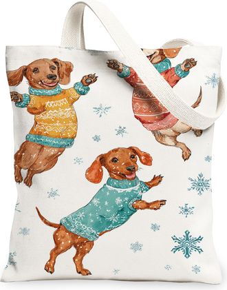 Generic Winter Dog Canvas Tote Bags, Cute Animal Pattern Reusable Grocery Bags, Cozy Vintage Animal Print Lightweight Washable Canv, White, 13x15 Inch