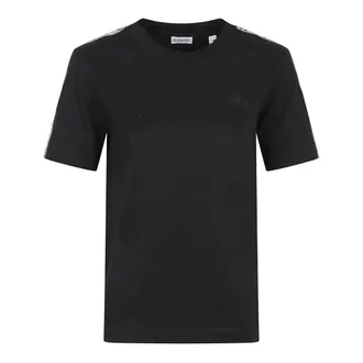 Burberry T-Shirts, female, Black, Size: M Logo Embroidered Check-Trim T-Shirt