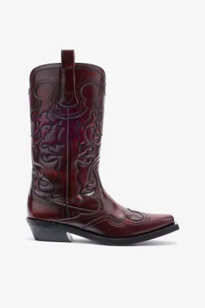 Ganni Red Mid Shaft Embroidered Western Boots in Burgundy