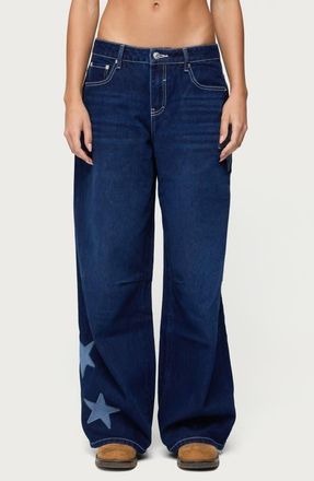 Edikted Trish Stars Low Rise Wide Leg Jeans in Indigo-Blue-Raw-Wash at Nordstrom, Size X-Small