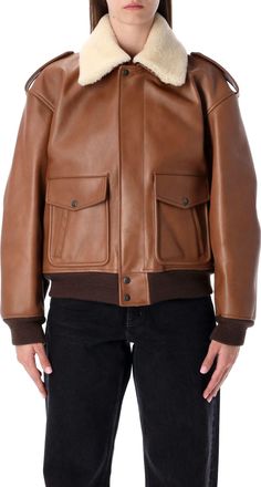 Saint Laurent Brown Leather Bomber Jacket With Shearling Collar