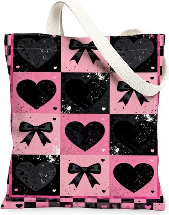 Generic Hearts Pattern Canvas Tote Bag, Cute Bow Design Reusable Grocery Bags, Stylish Lightweight Washable Shoulder Strap Bags for, Peach, 13x15 Inch
