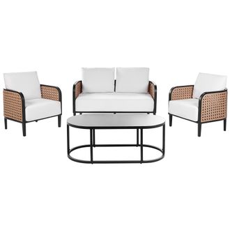 Beliani Conjunto De Jard&iacute;n Exterior Metal 4 Plazas Sof&aacute; Y Sillones De Aluminio Con Cojines Gruesos Blanco Crema Impermeable Respaldo Trenza Vienesa Rat&aacute;n Sint