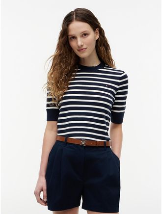 Tommy Hilfiger Womens Short-Sleeve Crewneck Sweater - Navy - XXS