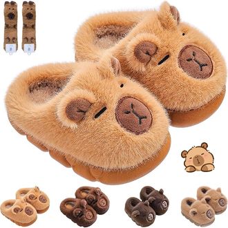 Generic Capybara Slippers, Fluffy Plush Slippers Capybara Kids & Adults Warm Winter Outdoor (Khaki-1,12-12.5(kid))