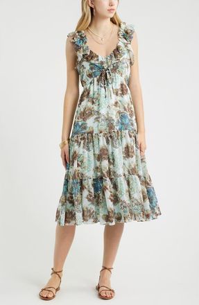 Treasure & Bond Print Ruffle Trim Tiered Midi Dress in Blue Whimsy Bloom at Nordstrom, Size Xx-Small