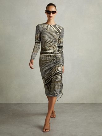 Reiss Womens Black & Green Speckled Print Ruched Midi Dress, Size: 4