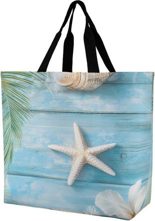 Generic Starfish Conch Shell on Wood Large Reusable Shopping Bag Lightweight Foldable Tote Bags Washable Shoulder Handbag