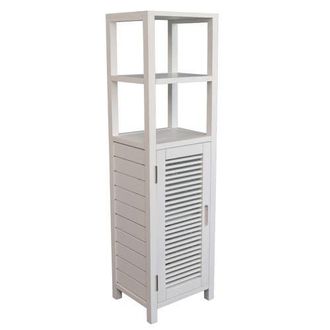 Happimess Solstice Handcrafted Pine Wood Bathroom Freestanding Floor Storage Cabinet with Louvered Door and 3-Tier Open Shelves in White at Nordstrom