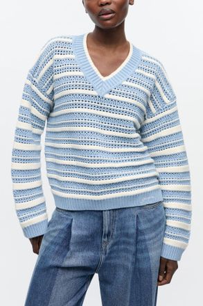 Ganni White Blue Striped Cotton V-neck Jumper - Size XXS/XS Organic