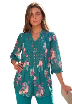 Roaman's Plus Size Juliet Lace Trim Button-Down Shirt in Teal Watercolor Bouquet at Nordstrom, Size 38