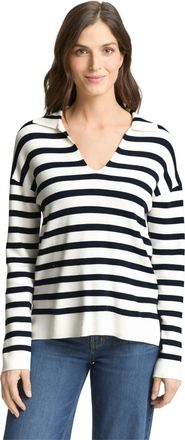 Tom Tailor V-Ausschnitt-Pullover TOM TAILOR, Damen, Gr. XXL, wei&szlig; sky blau knit stripe, Strick, Obermaterial: 85% Viskose, 15% Polyamid, gestreift, loose fit nor