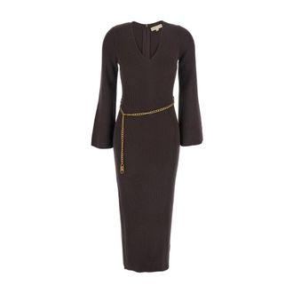 Michael Kors Wollen Midi-jurk met Ceintuur - Dames - Kleedjes - Bruin - M - Wol - Kleedjes