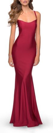 La Femme Form Fitting Prom Dress with Dramatic Lace Up Back in Burgundy at Nordstrom, Size 16