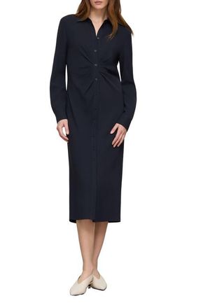 Lafayette 148 New York Pleated Waist Long Sleeve Finesse Crepe Shirtdress in Ink at Nordstrom, Size 10