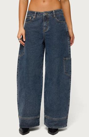Edikted Nea Pocket Low Rise Wide Leg Jeans in Dark-Blue at Nordstrom, Size X-Small