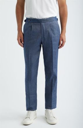Jack Victor Parma Pleated Linen & Cotton Stretch Twill Dress Pants in Denim at Nordstrom, Size 34