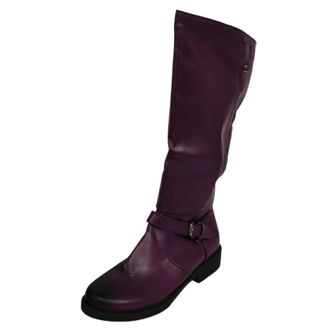 Generic Autumn Winter Women Western Boots with Chunky Block Heel and Decorative Buckle Detail for Stylish Mid Calf Footwear (Purple, 6.5)