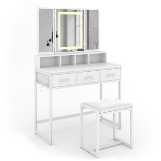 Vicco Tocador Mavida, Blanco, 90 Cm Con Espejo Led Y Taburete