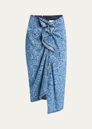 Dries Van Noten Sinas Floral Denim Ruffle Midi Skirt
