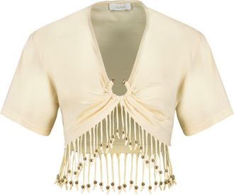 Paco Rabanne Womens Beaded Fringe Hem Cotton T-Shirt Ivory