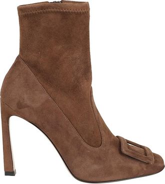Roger Vivier Bruine Stretch Su&egrave;de Enkellaarzen - Dames - Laarzen met Hak - Bruin - 39 EU - Su&egrave;de - Schoenen