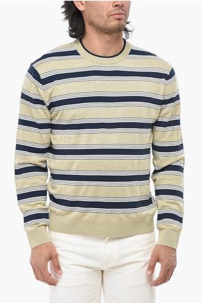 Maison Kitsun&eacute; Linen-Blend Crewneck Sweater with Balanced Stripes size L