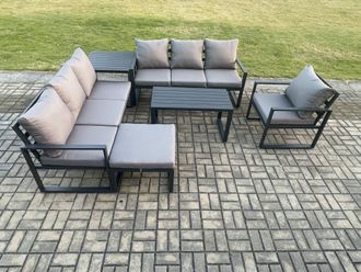 Fimous Aluminium 8 Seater Garden Furniture Outdoor Patio Sofa Set with Rectangular Coffee Table Armchair Big Footstool Side Table in Dark Grey