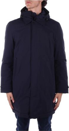 Woolrich Blauwe jas met capuchon en knopen - Heren - Parka Jassen - Blauw - S - Polyester - Jassen