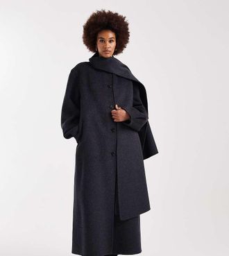 Asos Tall ASOS DESIGN Tall - Cappotto taglio lungo premium in misto lana grigio antracite con sciarpa rimovibile