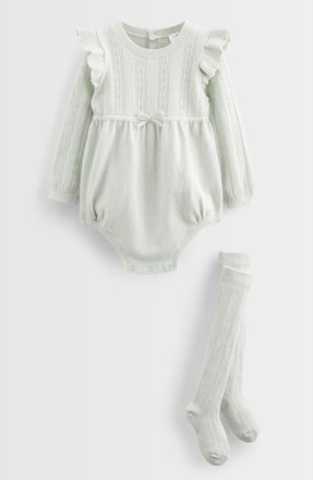 Nordstrom Pointelle Long Sleeve Sweater Romper & Socks Set in Green Hush at Nordstrom, Size 18M