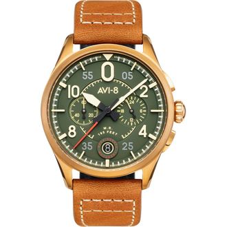 AVI-8 Spitfire Lock Green Dial Chronograph Leather Strap Watch, 42mm at Nordstrom