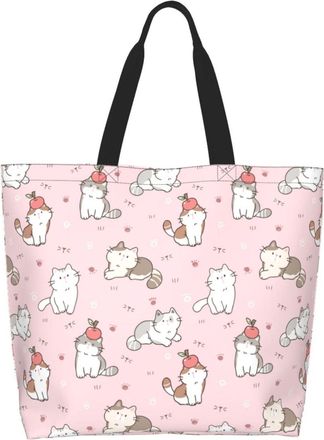Generic Cute Cartoon Cat Pink Grocery Bag Portable Shoulder Bag Lightweight Grocery Bags For Daily Use Picnic Travel
