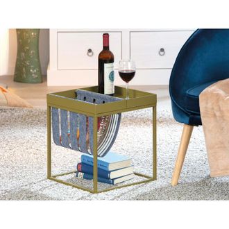 Dmora Dmora Table Basse En M&eacute;tal Peint Vert Olive, Avec Porte-revues En Laine Bouillie, 35x35x40 Cm