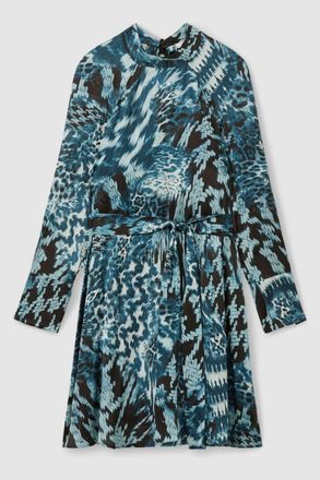 Reiss Womens Blue & Black Printed Belted Tie Neck Mini Dress, Size: 6
