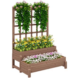 OUTSUNNY 2-Tier Wooden Raised Bed with Trellis and Drainage Holes - Brown | TJ Hughes