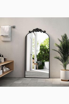 Living and Home 60cm W x 120cm H Vintage-Inspired Black Floral Carved Metal Framed Arch Accent Wall Mirror