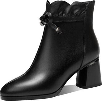 TinaCus Handmade Womens Genuine Leather Bowknot Round Toe Low Chunky Heel Side Zipper Ankle Boots Shoes, Black, 5.5 UK