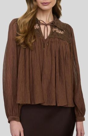 ZOE AND CLAIRE Lace Detail Tie Neck Top in Brown at Nordstrom, Size X-Small