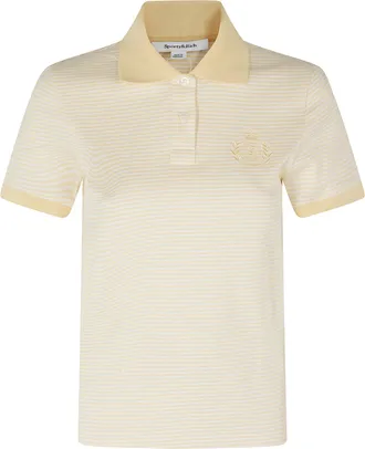 Sporty & Rich Cream NY Striped Button-Down Collar Cotton Polo Shirt