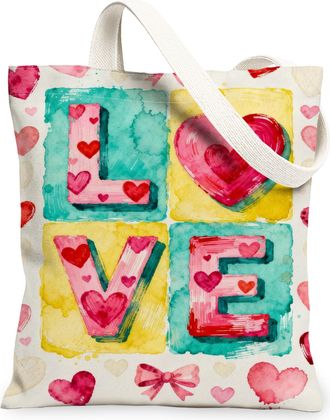 Generic Colorful Hearts Canvas Tote Bags, Artistic Love Print Reusable Shopping Bags, Vintage Lightweight Washable Shoulder Strap C, Multicolor, 13x15 Inch