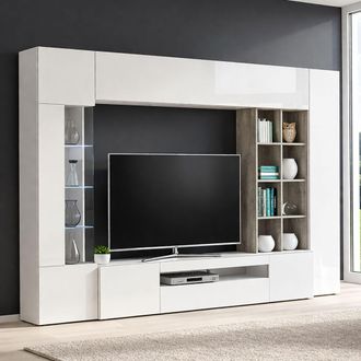 Dmora Mueble De Sal&oacute;n, Made In Italy, Con Luz Led Azul, Base De Soporte Para Tv Y Muebles Altos Y Estantes, Conjunto De Sal&oacute;n Moderno, 290x40h192 Cm, Blanco