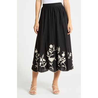 Joie Floral Embroidered Scalloped Hem Pull-On Skirt in Black W/Ecru Embroidery at Nordstrom Rack, Size X-Small