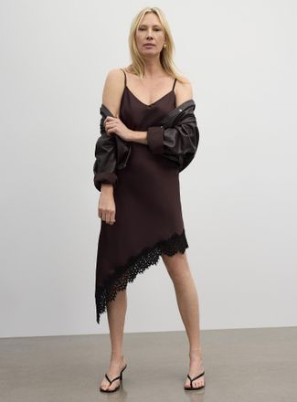 Contemporaine Womens Lace trim satiny asymmetrical dress